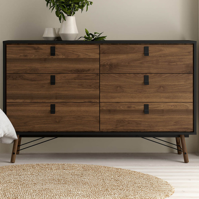Florence Ry 6 Drawer Matt Black and Walnut Chest of Drawer - Brown - Furniture To Go - Wilko - image 1