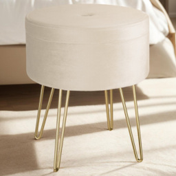 tectake Ava Cream Velvet Look Padded Round Stool with Storage - Size: 44.5 x 37.5 x 37.5cm - Wilko - thumbnail 1