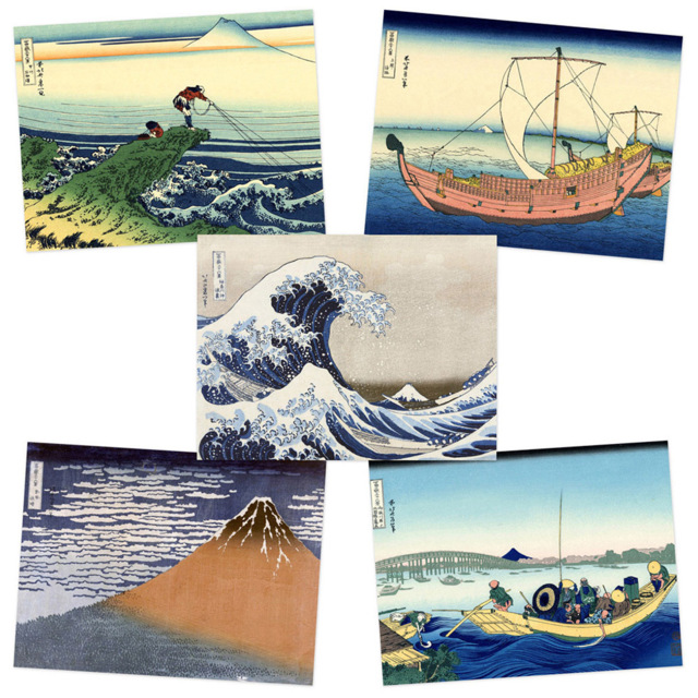 Artery8 Hokusai Views Mount Fuji Great Wave Kanagawa Wall Art Print 30 x 41cm 5 Pack - Size: 40.5 x 30.5 x 0.3cm - Multi - Wilko - image 1
