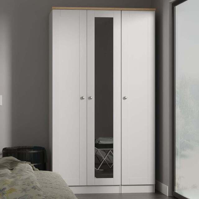 Crowndale Sussex 3 Door Grey Ash and Bardolino Oak Tall Mirror Wardrobe Ready Assembled - Grey Ash & Bardolino Oak - Wilko - image 1