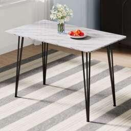 Living and Home 4 Seater Marble Effect Dining Table Grey and White - White + Black - Wilko