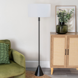 ValueLights Mitch Grey Drum Lamp Shade Black Wood Stem Triangle LED Floor Lamp - Size: 131.5 x 55 x 55cm - Wilko - thumbnail 4