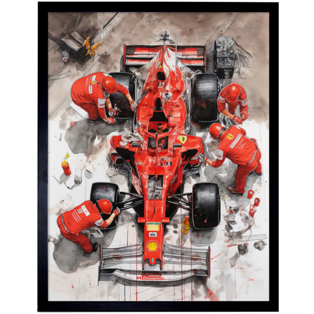 Artery8 Grand Prix Race Car Wheel Change Aerial Shot Framed Wall Art Print 30 x 41cm - Size: 43.3 x 33.3 x 1.5cm - Red - Wilko - image 1