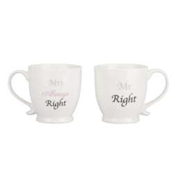 Set of 2 Mr & Mrs Right New Bone China Footed Mugs - Wilko
