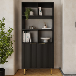 GFW Nervata 2 Door 5 Shelf Black and Gold Ribbed Tall Shelving Unit - Wilko