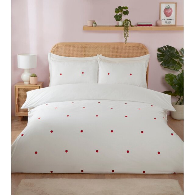 Strawberry Embroidered Duvet Cover and Pillowcase Set - White/Single - Wilko