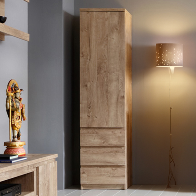 Florence Fribo Single Door 3 Drawer Golden Ribbeck Oak Tall Narrow Wardrobe - Size: Single Door, 3 Drawer - Brown - Wilko - image 1