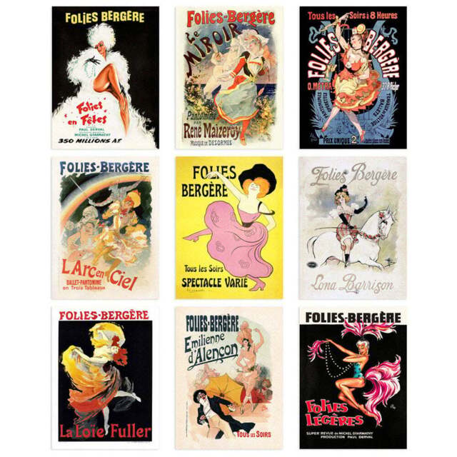 Artery8 Vintage French Adverts Folies Bergere Cabaret Music Hall Wall Art Print 30 x 41cm 9 Pack - Size: 40.5 x 30.5 x 0.3cm - Multi - Wilko - image 1