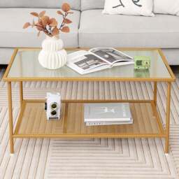 Costway Single Shelf Golden Tempered Glass Top Coffee Table - Size: 120 x 56 x 9cm - Wilko