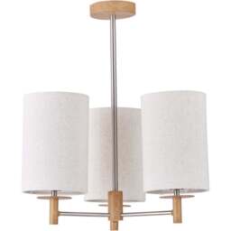 Pacific Lifestyle Bonham 3 Light White Fabric Shade Natural Wood and Silver Metal Pendant Light - Size: 53 x 39 x 39cm - Wilko