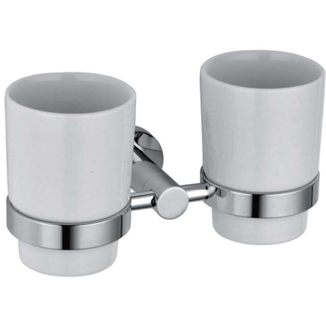 Nes Home Chrome Double Ceramic Tumbler and Toothbrush Holder - Size: 9.6 x 18.8 x 9cm - Silver - Wilko - image 1