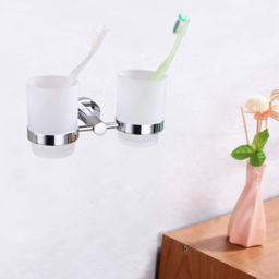 Nes Home Chrome Double Ceramic Tumbler and Toothbrush Holder - Size: 9.6 x 18.8 x 9cm - Silver - Wilko - thumbnail 3