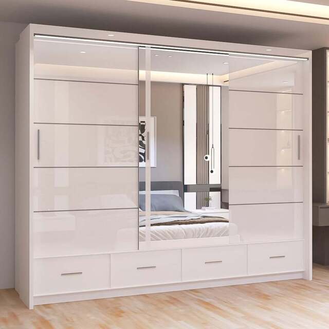 Sliding Wardrobes 4U 2 Sliding Door White Modern High Gloss Central Mirrored Wardrobe 255cm - Size: 2 Door - Wilko - image 1