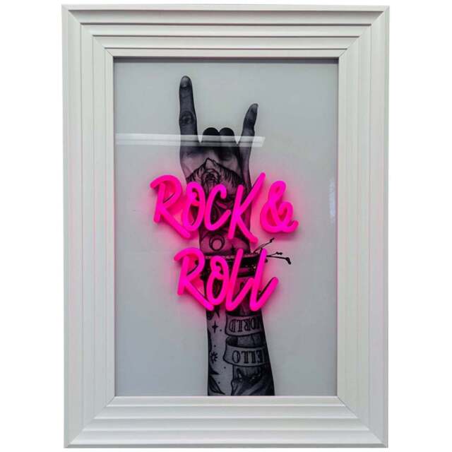 Splashbax Rock And Roll White Premium Gallery Frame LED Neon Wall Art - Size: 105 x 75 x 7cm - Multi - Wilko - image 1