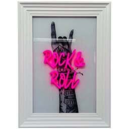Splashbax Rock And Roll White Premium Gallery Frame LED Neon Wall Art - Size: 105 x 75 x 7cm - Multi - Wilko