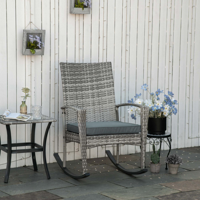 Outsunny Light Grey PE Rattan Rocking Chair with Cushion - Size: 66 x 88 x 98cm - Wilko - image 1