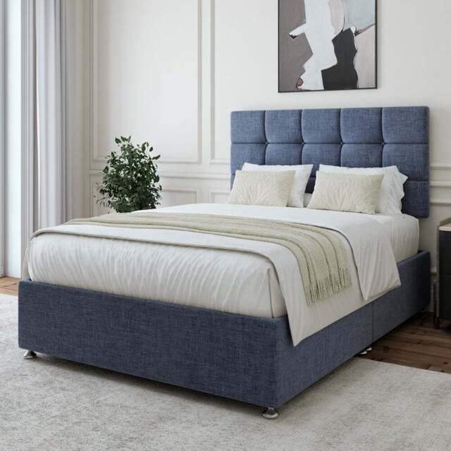 Bedmaster Small Double Midnight Linen Divan Base with Pearl Headboard - Blue - Wilko - image 1