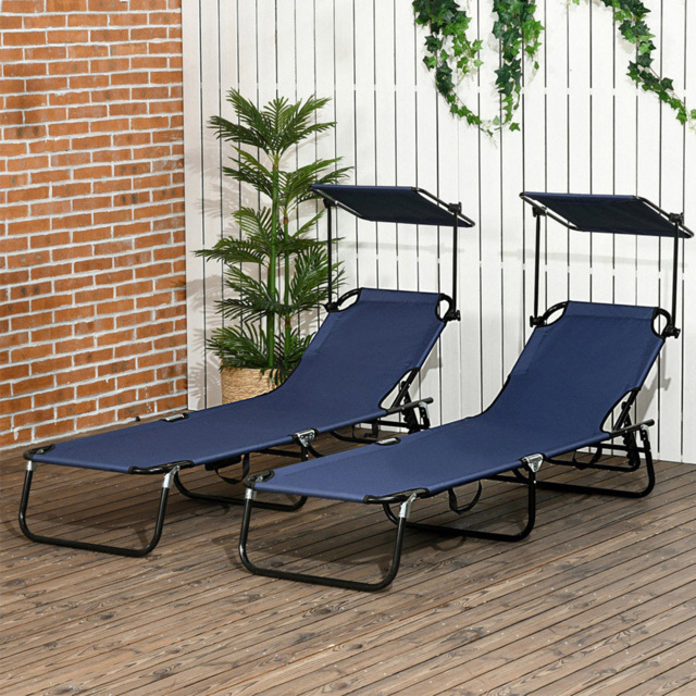 Outsunny Set of 2 Dark Blue Adjustable Folding Sun Lounger with Sunshade Roof - Size: 28 x 56 x 190cm - Wilko - image 1