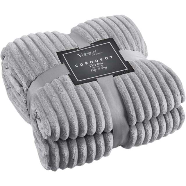 Velosso Grey Plain Corduroy Throw 150 x 200cm - Size: 150 x 200 x 1cm - Wilko - image 1