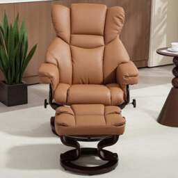 HOMCOM Brown PU Leather Manual Reclining Padded Armchair with Footstool - Size: Single - Wilko - thumbnail 1