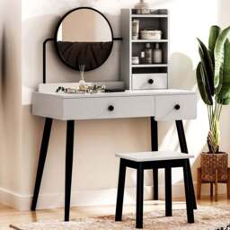 Portland Grey Dressing Table Set with Mirror - Size: 90 x 45 x 126cm - Wilko