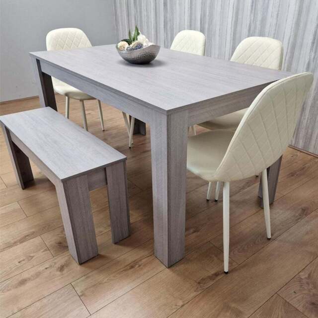 Kosy Koala 6 Seater Faux Leather Gem Pattern Dining Bench Set Grey and Cream - Multi - Portland - Wilko - image 1