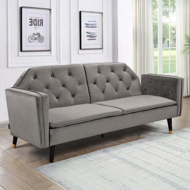 Comfy Living 3 Seater Grey and Gold Plush Velvet Tufted Sofa Bed - Wilko - image 1