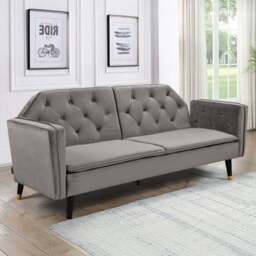 Comfy Living 3 Seater Grey and Gold Plush Velvet Tufted Sofa Bed - Wilko - thumbnail 1
