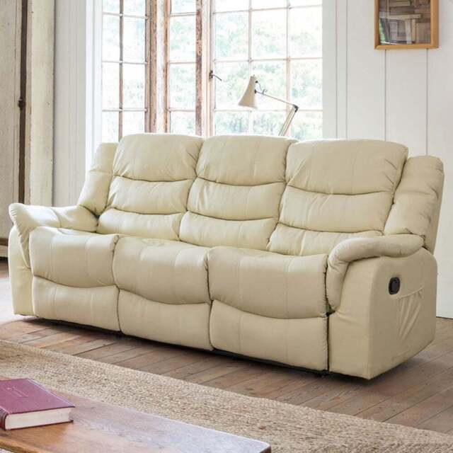 Almeira 3 Seater Cream Bonded Leather Recliner Sofa - Artemis Home - Wilko - image 1