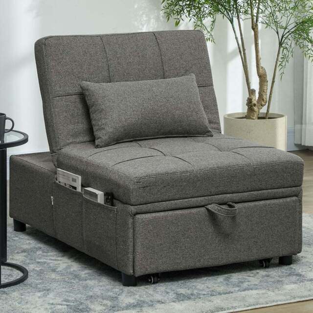 HOMCOM 4-in-1 Charcoal Grey Pull Out Sleeper Chair Bed with Pockets - Size: Single - Wilko - image 1