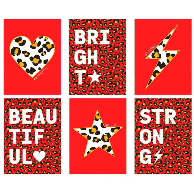 Wee Blue Coo Red and Orange Leopard Pattern Bold Shapes Wall Art Print 30 x 41cm 6 Pack - Size: 40.5 x 30.5 x 0.3cm - Wilko - image 1