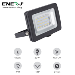 ENER-J 6000K 20W Slim LED Floodlight - Size: 30 x 20 x 10cm - Black - Wilko - thumbnail 6