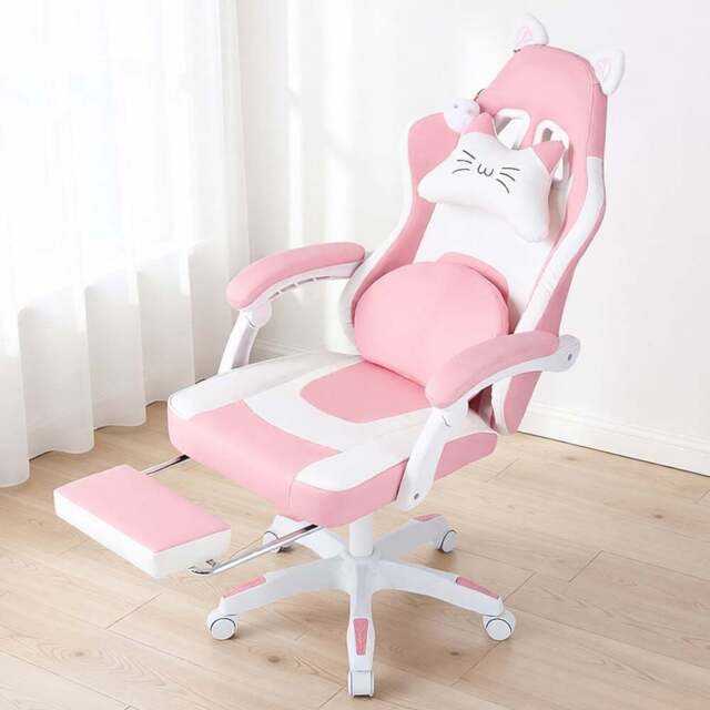 Living and Home White and Pink Cat Ear Design Gaming Chair with Massage Lumbar Pillow - Size: 123 x 59 x 88cm - White + Pink - Wilko - image 1
