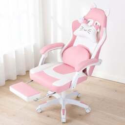Living and Home White and Pink Cat Ear Design Gaming Chair with Massage Lumbar Pillow - Size: 123 x 59 x 88cm - White + Pink - Wilko