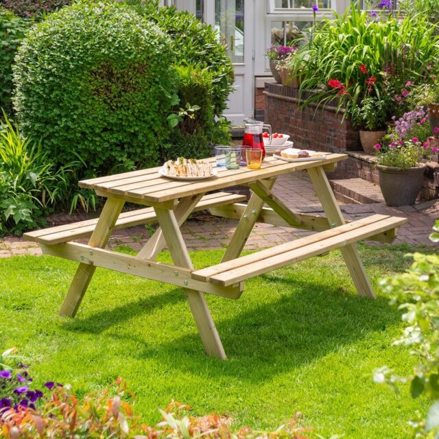 Rowlinson Traditional 6 Seater Picnic Table 1.5m - Brown - Wilko - image 1