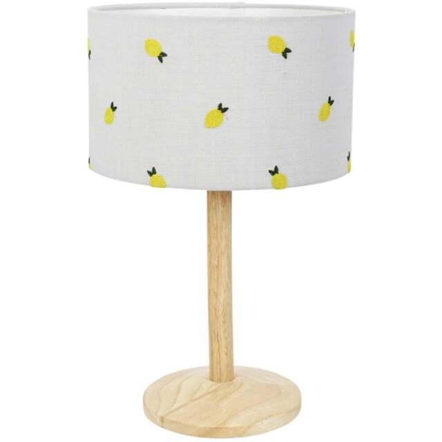 ValueLights Triston Lemon Embroidered Lamp Shade Natural Light Wood Stem LED Table Lamp - Cream - Wilko - image 1