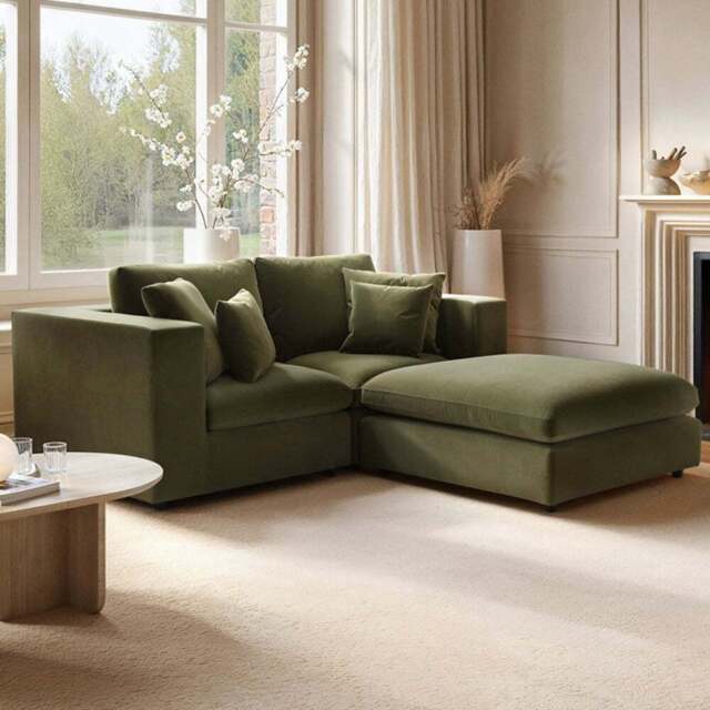 SOLACE+CO Asher 3 Seater Khaki Green Velvet Sofa with Footstool - Wilko - image 1