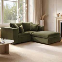 SOLACE+CO Asher 3 Seater Khaki Green Velvet Sofa with Footstool - Wilko - thumbnail 1