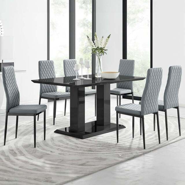 Furniturebox Molini Valera 6 Seater Dining Set Black Gloss and Grey - Wilko - image 1
