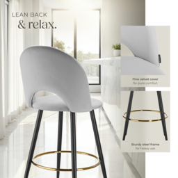 tectake Rachel Light Grey and Black Velvet Look Bar Stool Set of 2 - Wilko - thumbnail 5