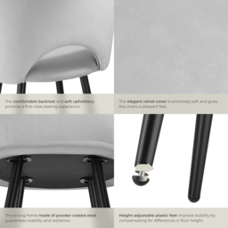 tectake Rachel Light Grey and Black Velvet Look Bar Stool Set of 2 - Wilko - thumbnail 6