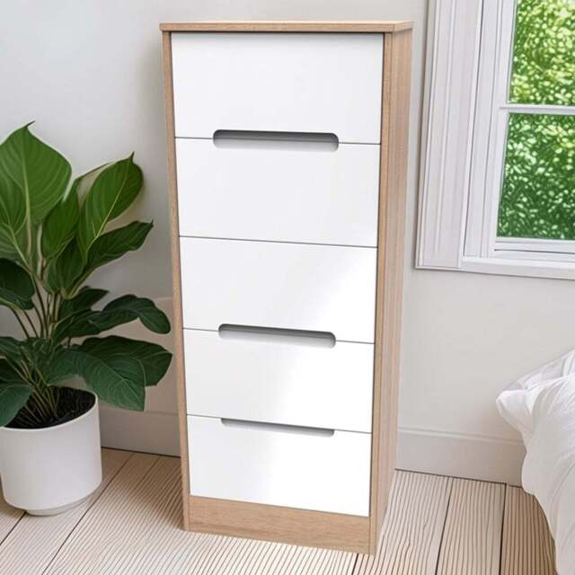 Crowndale Monaco 5 Drawer White Gloss and Bardolino Oak Tall Bedside Cabinet Ready Assembled - White Gloss & Bardolino Oak - Wilko - image 1