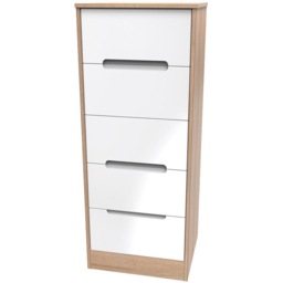 Crowndale Monaco 5 Drawer White Gloss and Bardolino Oak Tall Bedside Cabinet Ready Assembled - White Gloss & Bardolino Oak - Wilko - thumbnail 4