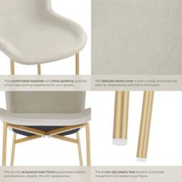 tectake Tessa Set of 2 Beige and Gold Velvet Padded Dining Chair - Cream - Wilko - thumbnail 5