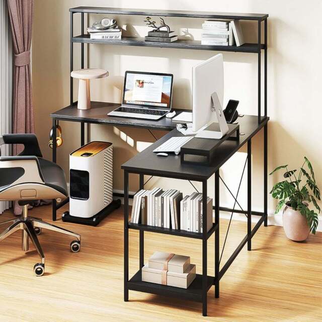Costway L Shaped Computer Desk with LED Strip and Power Outlets Black - Size: 145 x 145 x 147cm - Wilko
