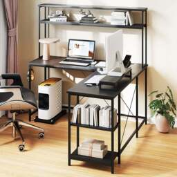 Costway L Shaped Computer Desk with LED Strip and Power Outlets Black - Size: 145 x 145 x 147cm - Wilko