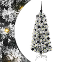 vidaXL Pre-Lit Warm White LED and Black Baubles Snow Flocked Artificial Christmas Tree 3.9ft - Green - Wilko - thumbnail 3