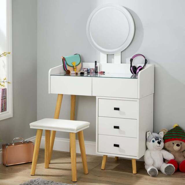 Home Source Nova 5 Drawer White Vanity Table and Cushioned Stool Set with LED Mirror - Size: 138 x 106 x 40cm - Wilko - image 1