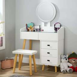 Home Source Nova 5 Drawer White Vanity Table and Cushioned Stool Set with LED Mirror - Size: 138 x 106 x 40cm - Wilko