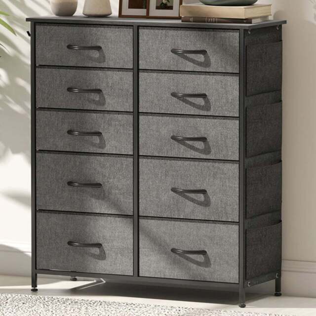 HOMCOM 10 Drawer 4 Side Pockets 2 Hooks Charcoal Grey Fabric Chest of Drawers - Wilko - image 1